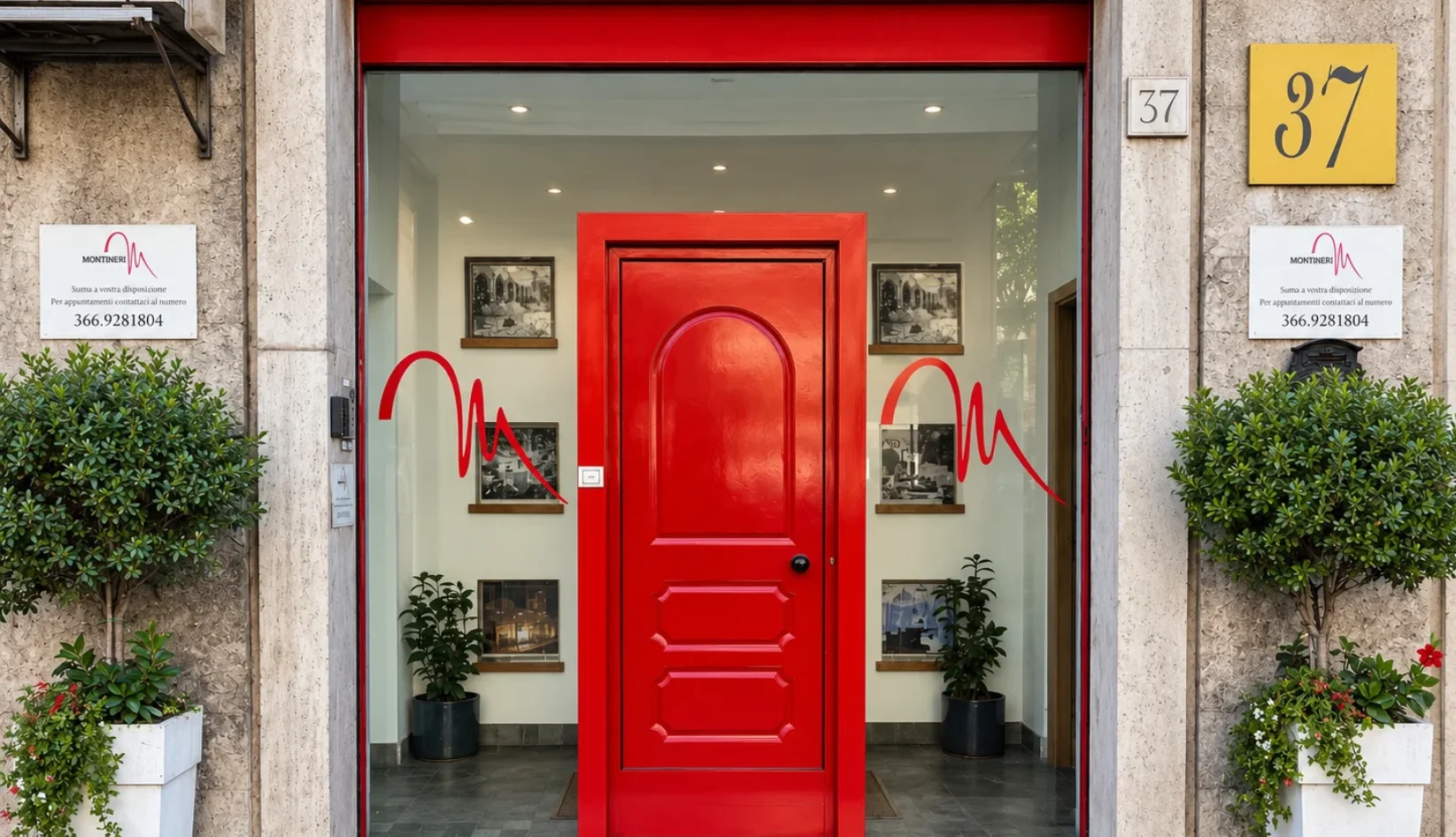 L'ingresso di Montineri, con la porta rossa che lo contraddistingue